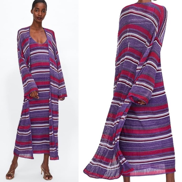 ZARA Knit Striped Long Cardigan Jacket Kimono - Picture 1 of 8